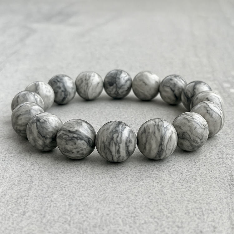 Natural Gray Jasper beads bracelet with 8mm stones and silver spacer.