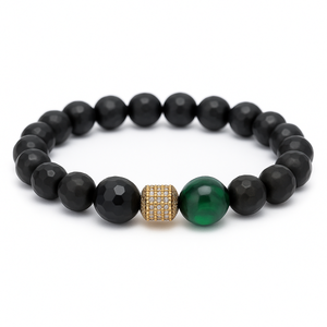 Black faceted agate and green tiger eye beaded bracelet with gold pavé spacer; handcrafted in Melbourne.