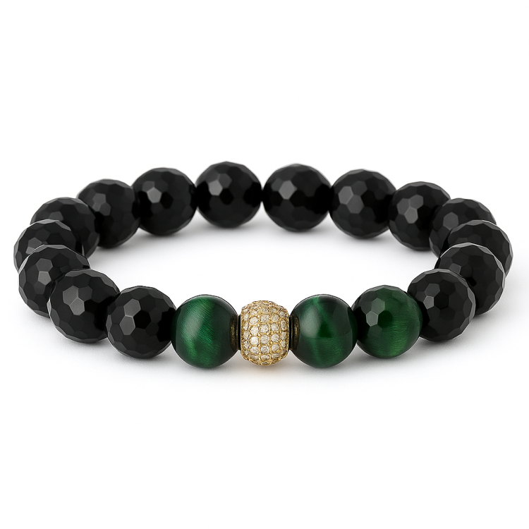 Black faceted agate and green tiger eye beaded bracelet with gold pavé spacer; handcrafted.
