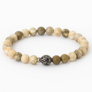 Chrysanthemum elasticated bead bracelet with natural stone and stainless steel spacer.