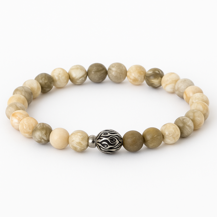 Chrysanthemum elasticated bead bracelet with natural stone and stainless steel spacer.