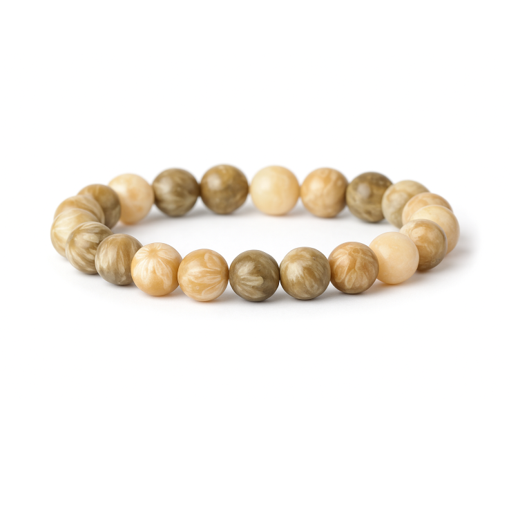 Chrysanthemum elasticated bead bracelet showcasing natural stone beads with stainless steel spacer, handcrafted in Melbourne.