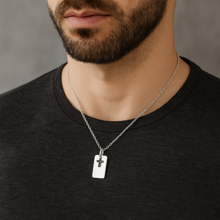 Hoxton London Men’s Sterling Silver Black Sapphire Set Cross and Dog Tag
