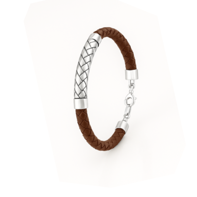 Theseus Mens Sterling Silver Brown Leather Bracelet