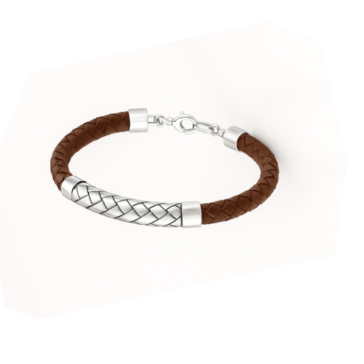 Theseus Mens Sterling Silver Brown Leather Bracelet