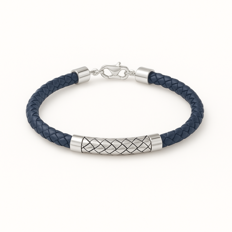 Theseus Mens Sterling Silver Blue Leather Bracelet