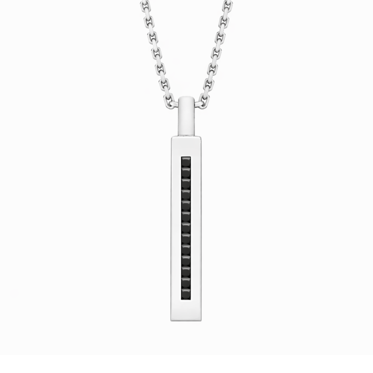 'Hoxton London' Men's Sterling Silver Stone Black CZ Drop Adjustable Necklace 45cm/17.5" - 51cm/21