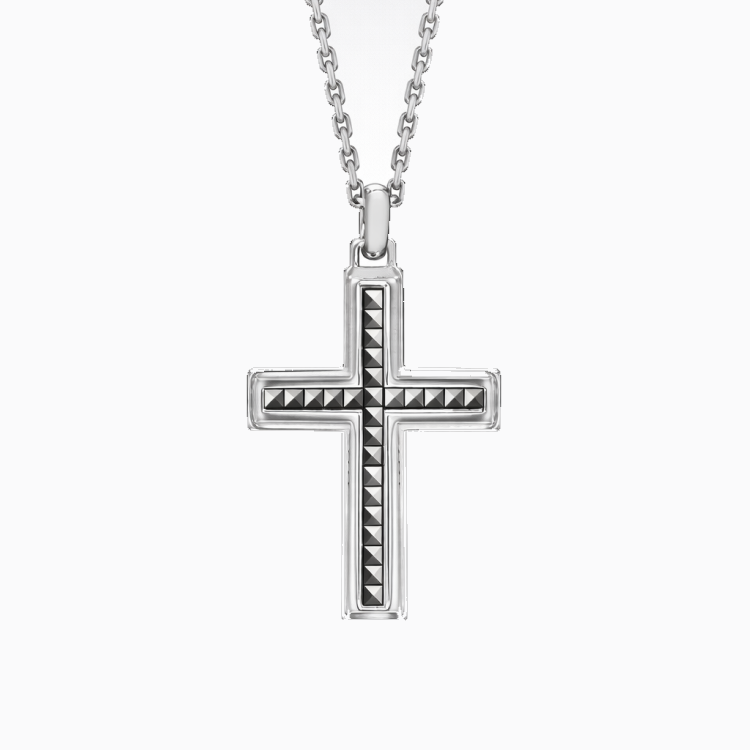 Hoxton London' Men's Sterling Silver 24mm x 43.2mm Pyramid Marcasite-Set Cross Adjustable Necklace 51cm/20" - 55cm/21.5