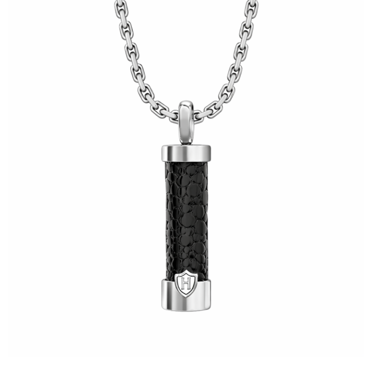 Hoxton London' Men's Sterling Silver Black Leather Inlay Cylindrical Drop Adjustable 51cm/20" - 55cm/21.5