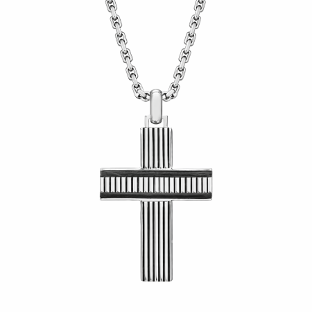 Hoxton London Men's 925 Sterling Silver Bold Leather Ribbed Cross