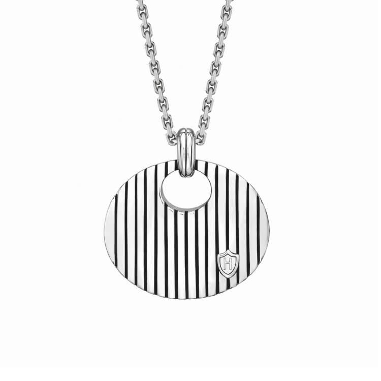 Hoxton London' Men's Sterling Silver Striped Round Pendant Adjustable Necklace 45cm/17.5" - 51cm/21