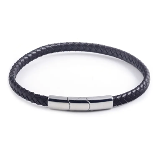 Stainless steel men’s 5mm black leather and Blue Cord braided Bracelet