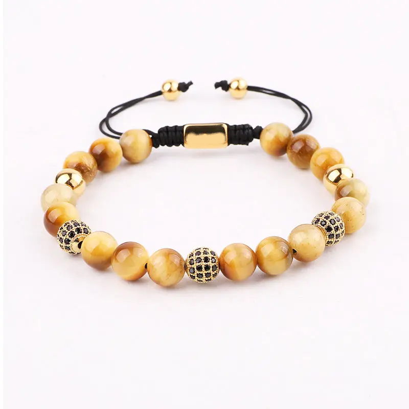 Natural Gold Tiger Eye CZ Pave Ball Beads Macrame Bracelet