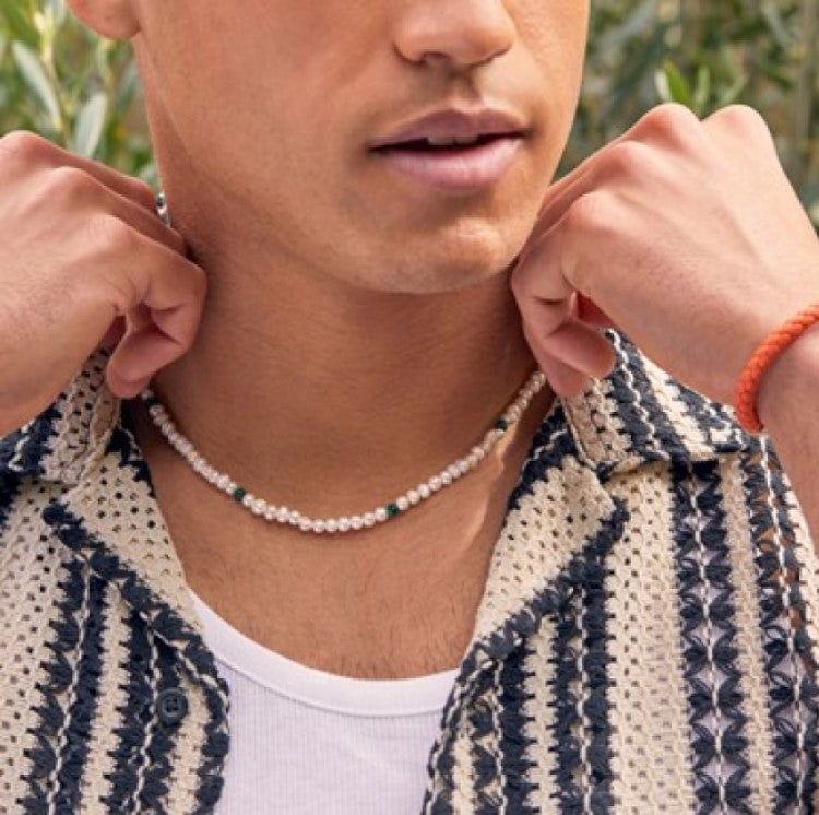 &nbsp;Men’s Pearl and Green Tiger Eye Gemstone Necklace