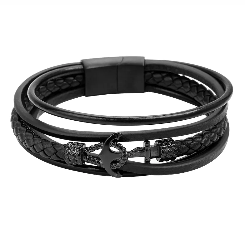 Men’s Multi-Layer Braided Leather Bracelet with Anchor Motif