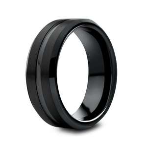 7mm black tungsten carbide ring with polished center groove, matte surface, and beveled edges.