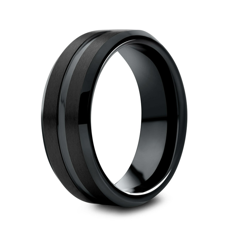 7mm black tungsten carbide ring with polished center groove, matte surface, and beveled edges.