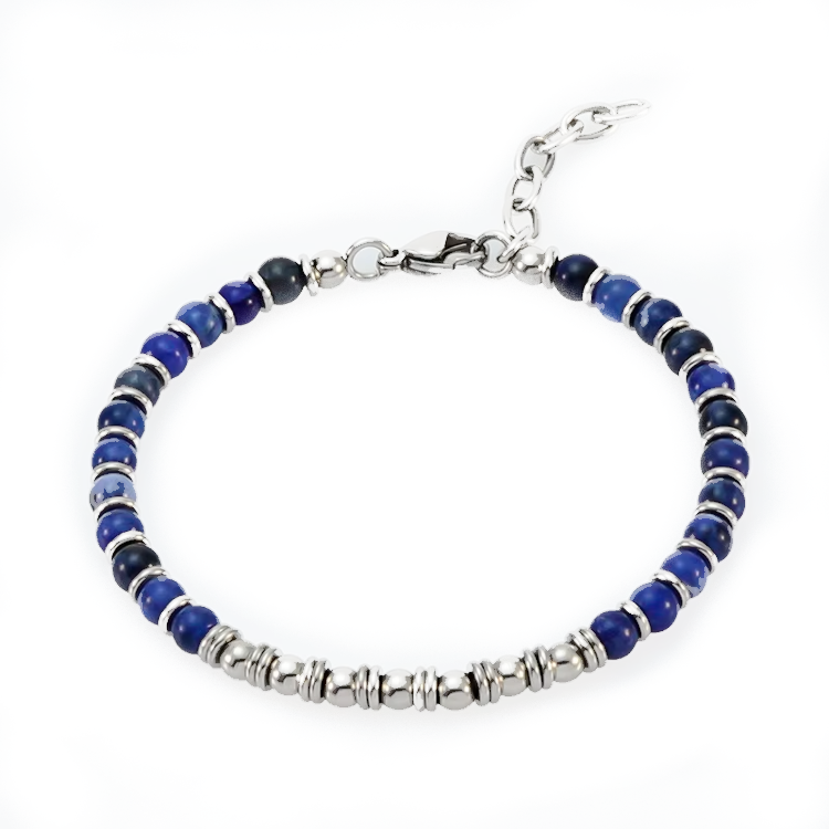 Men’s Natural Blue Tiger Eye Bracelet with Stainless Steel Accents