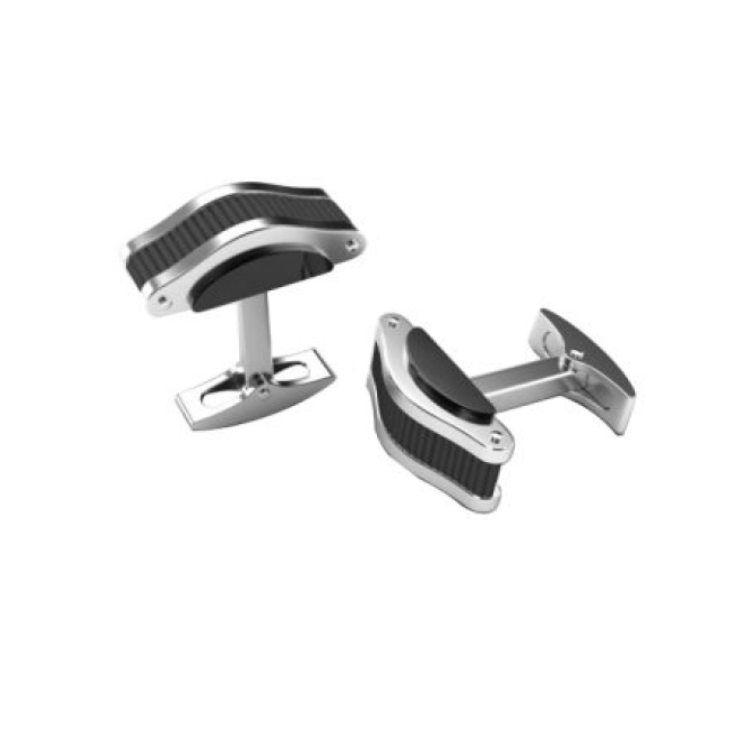 Polished Stainless Steel Cufflinks with Ion-Plated Black Domed Corrugated Inlay & Side Detail
