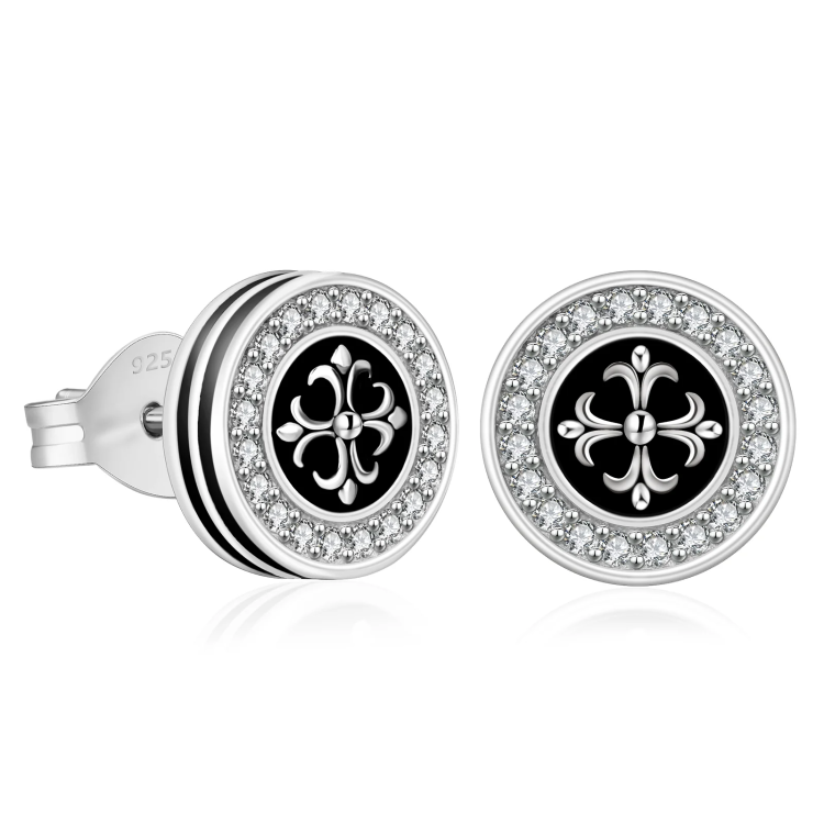 Black Onyx and Cross Fleur de lis Stud Earrings Sterling Silver