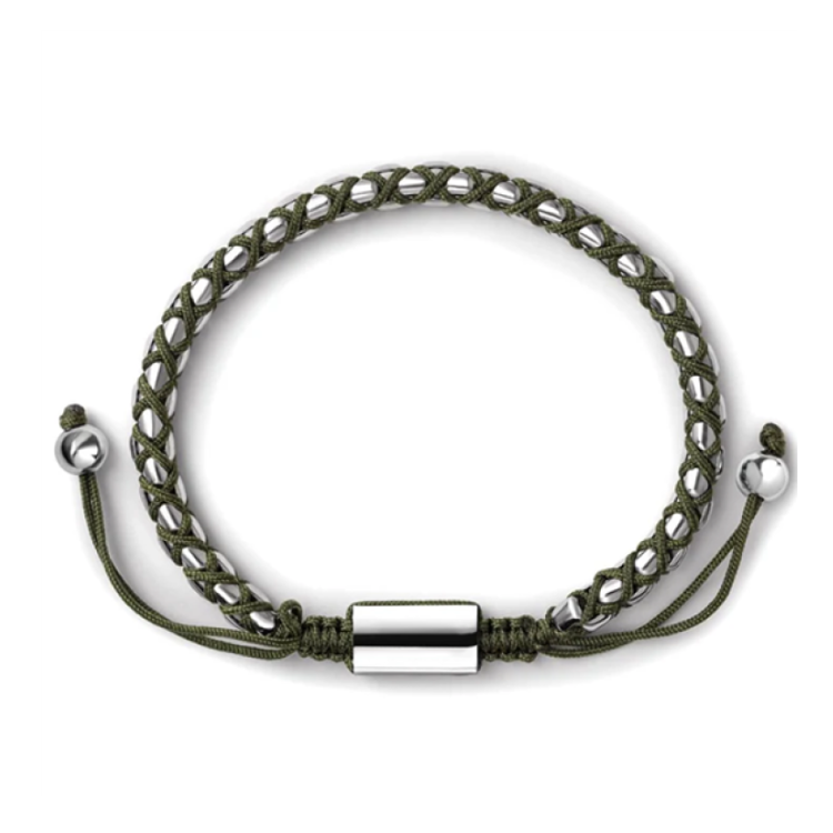 Crimson Weave SteelLink Bracelet with Braided Olive Green Cord