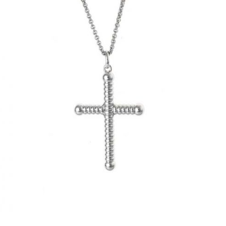 RHODIUM PLATED STERLING SILVER TWISTED CROSS ON ROLO CHAIN