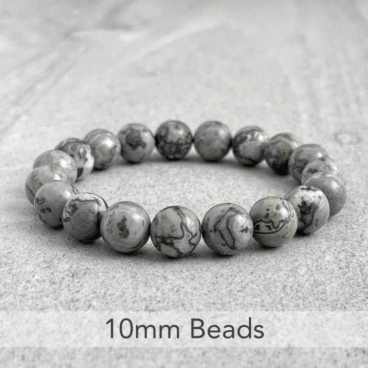 Natural Gray Jasper Beads Bracelet with 10mm stones on elastic strand.