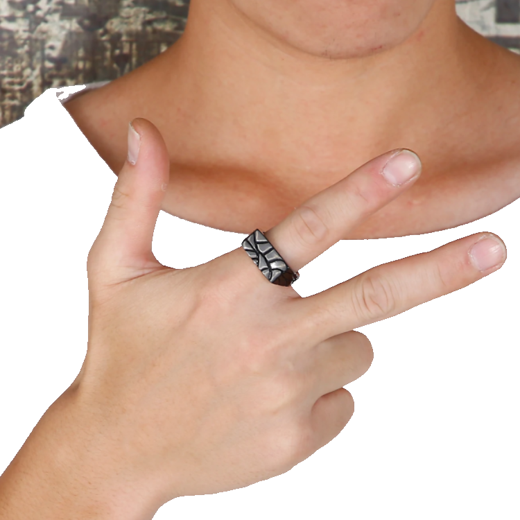 Men’s stainless steel ring with crazy pattern finish on hand
