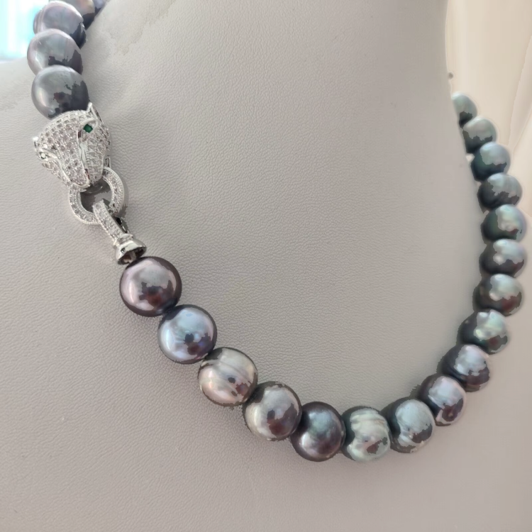 Baroque AAAA+ 11-12mm Natural Haiti Black Blue Pearl Necklace with Panther Clasp