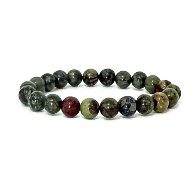 Bloodstone and gold-plated silver bracelet with 10mm beads displaying earthy green hues and red specks.