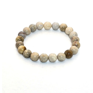 Chrysanthemum elasticated bead bracelet with natural stone and stainless steel spacer, handcrafted in Melbourne.