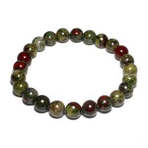 Bloodstone and gold-plated silver bracelet with 10mm bloodstone beads, showcasing deep green hues and red specks, handcrafted elegance.