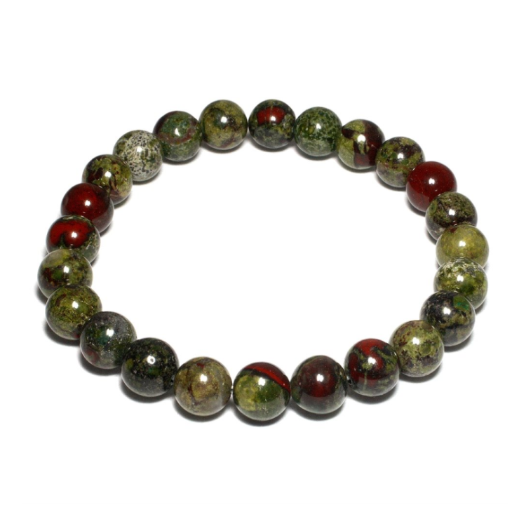 Bloodstone and gold-plated silver bracelet with 10mm bloodstone beads, showcasing deep green hues and red specks, handcrafted elegance.