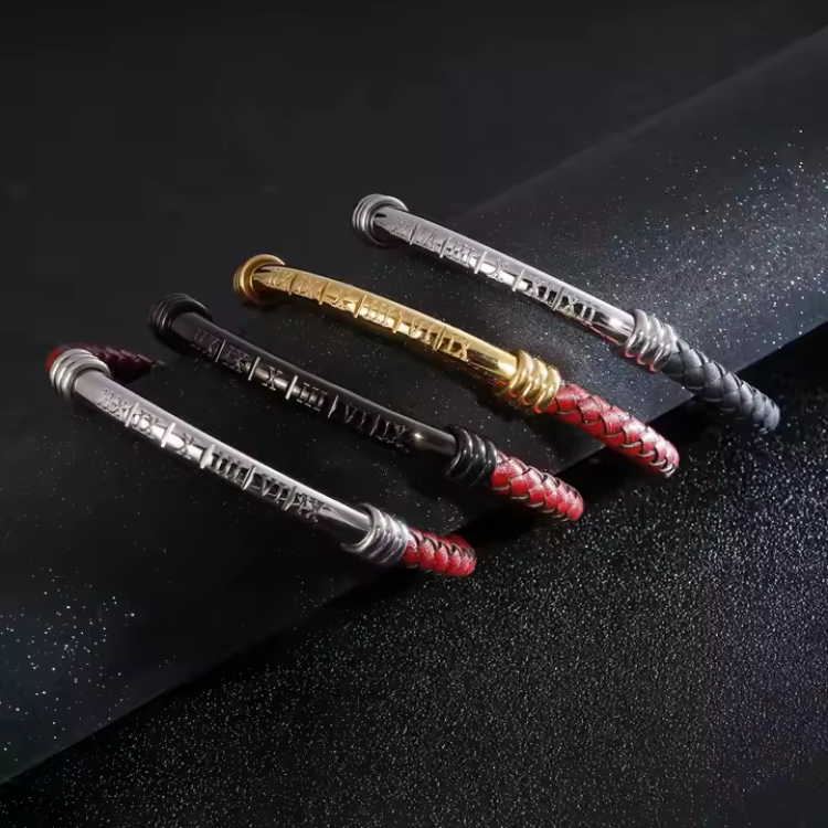 6mm Roman Numerals Braided Cowhide Leather Mans Stainless Steel Bracelets