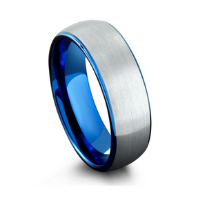 8mm silver and polished blue tungsten carbide ring with brushed exterior and comfort fit design.