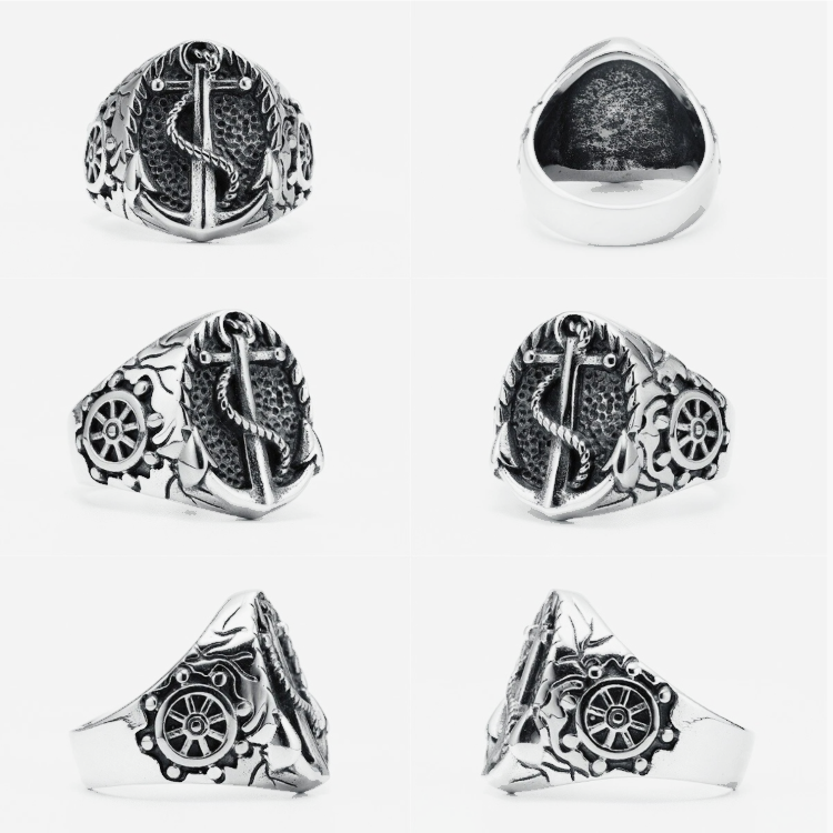 Men’s Retro Anchor Ring featuring anchor and ship's wheel design, vintage style in antique silver tone, 316L stainless steel, 20x16mm oval face.