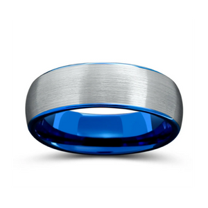 8mm silver and polished blue tungsten carbide ring with brushed exterior and comfort fit design.