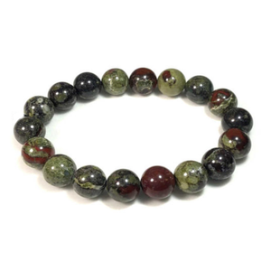 10mm Bloodstone Chalcedony Bead Bracelet with Gold-Plated Silver, handcrafted for elegance and strength.