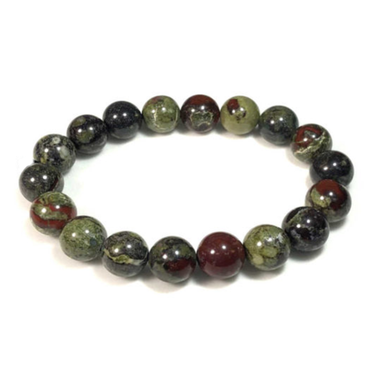10mm Bloodstone Chalcedony Bead Bracelet with Gold-Plated Silver, handcrafted for elegance and strength.
