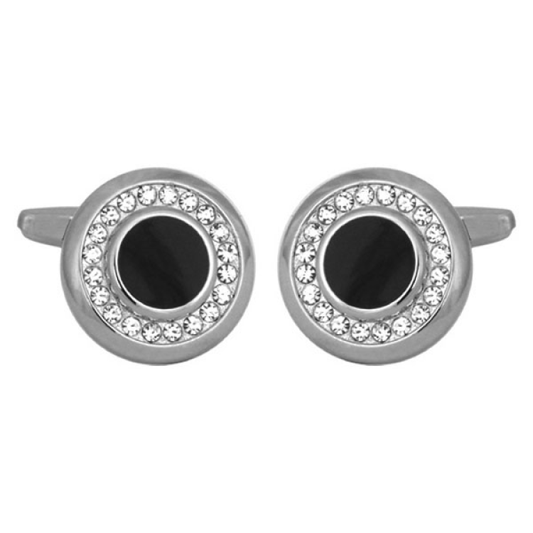 Dalaco rhodium-plated cufflinks with Swarovski crystals and black acrylic center.
