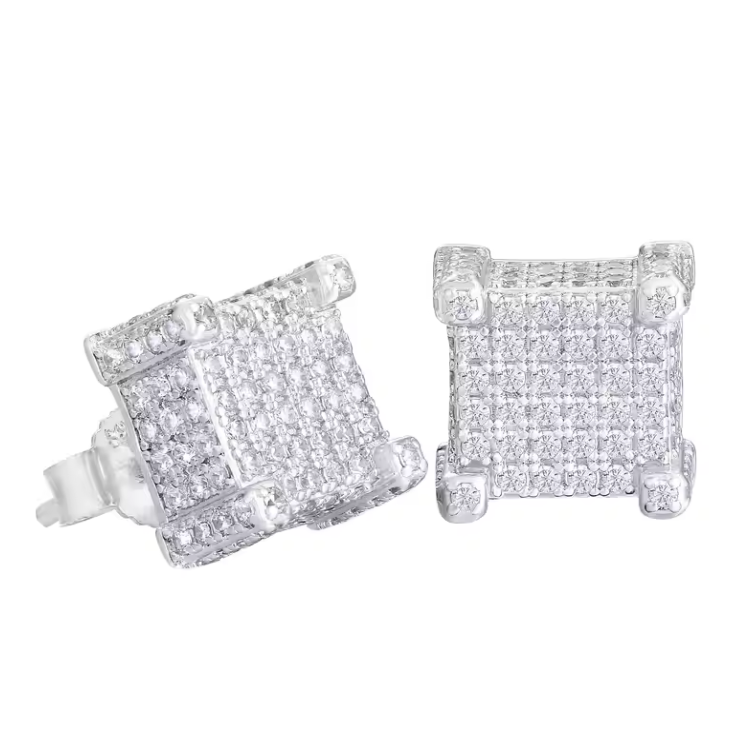 Men’s 14K Gold-Plated 925 Sterling Silver Square 3D Iced-Out Cube Earrings