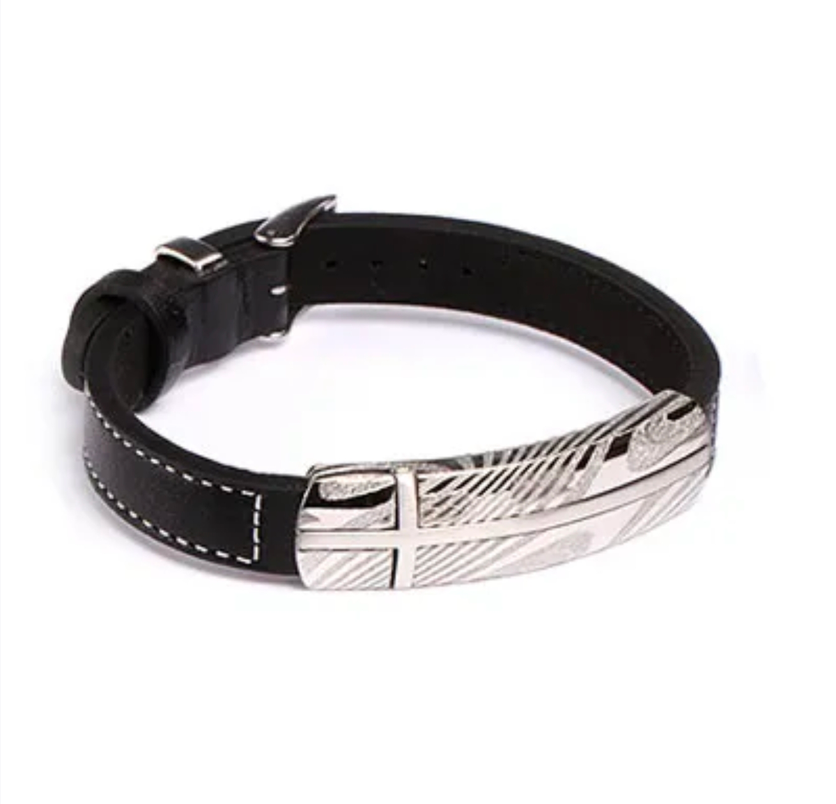 Damascus steel and black leather bracelet by T.M.J, featuring a sleek, modern design with intricate steel and leather strap details.
