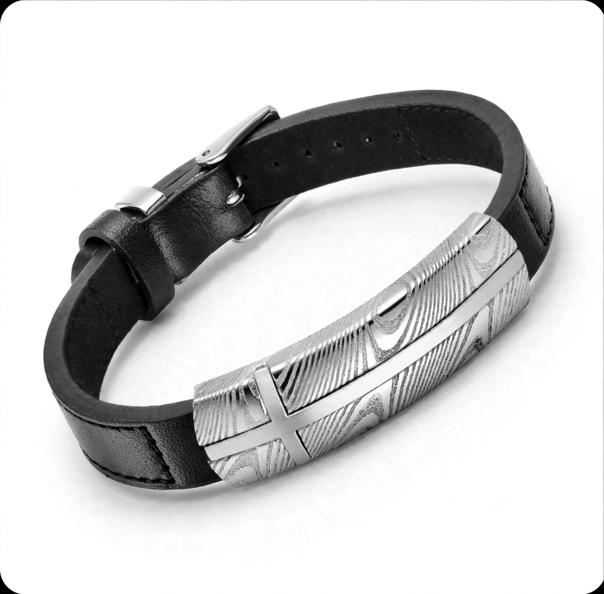 Damascus steel and black leather bracelet from T.M.J, featuring woven metal and leather band with adjustable clasp.