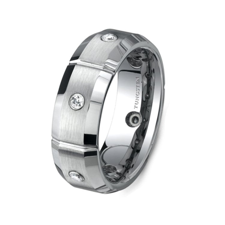 Silver Tungsten Carbide Beveled Edge Ring with Stone Set (8mm)