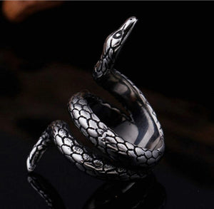 Stainless steel silver snake ring with intricate detailing and matte finish.
