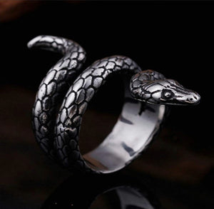 Stainless steel silver snake ring with matte finish and intricate design.