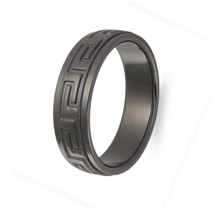 Black Zirconium Greek Key Design Band Men's Ring