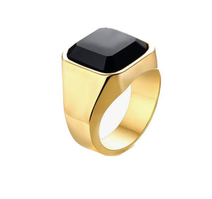 Stainless steel signet ring with a solid black stone and matte finish.