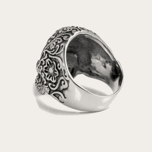 Stainless Steel Men's Skull Ring with Gothic Flower Design and Black IP Plating.