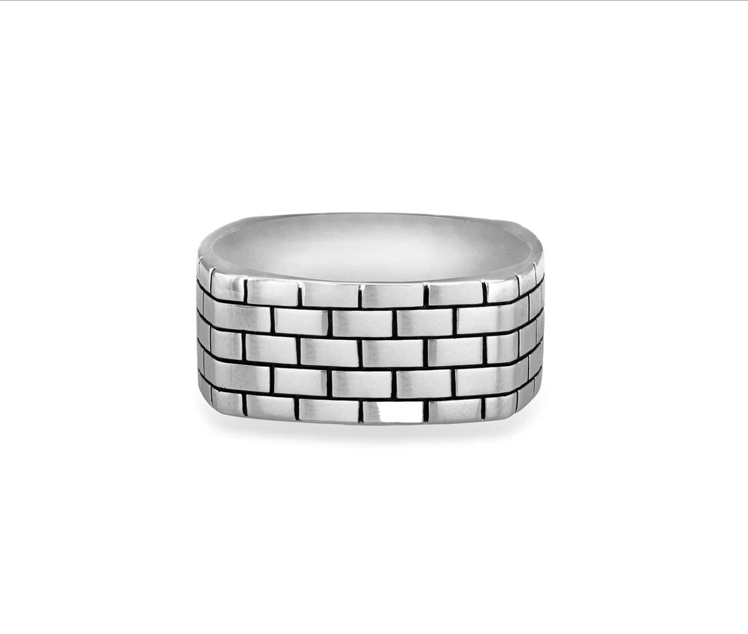 Hoxton Sterling Silver brick-patterned square ring with a bold, refined design.